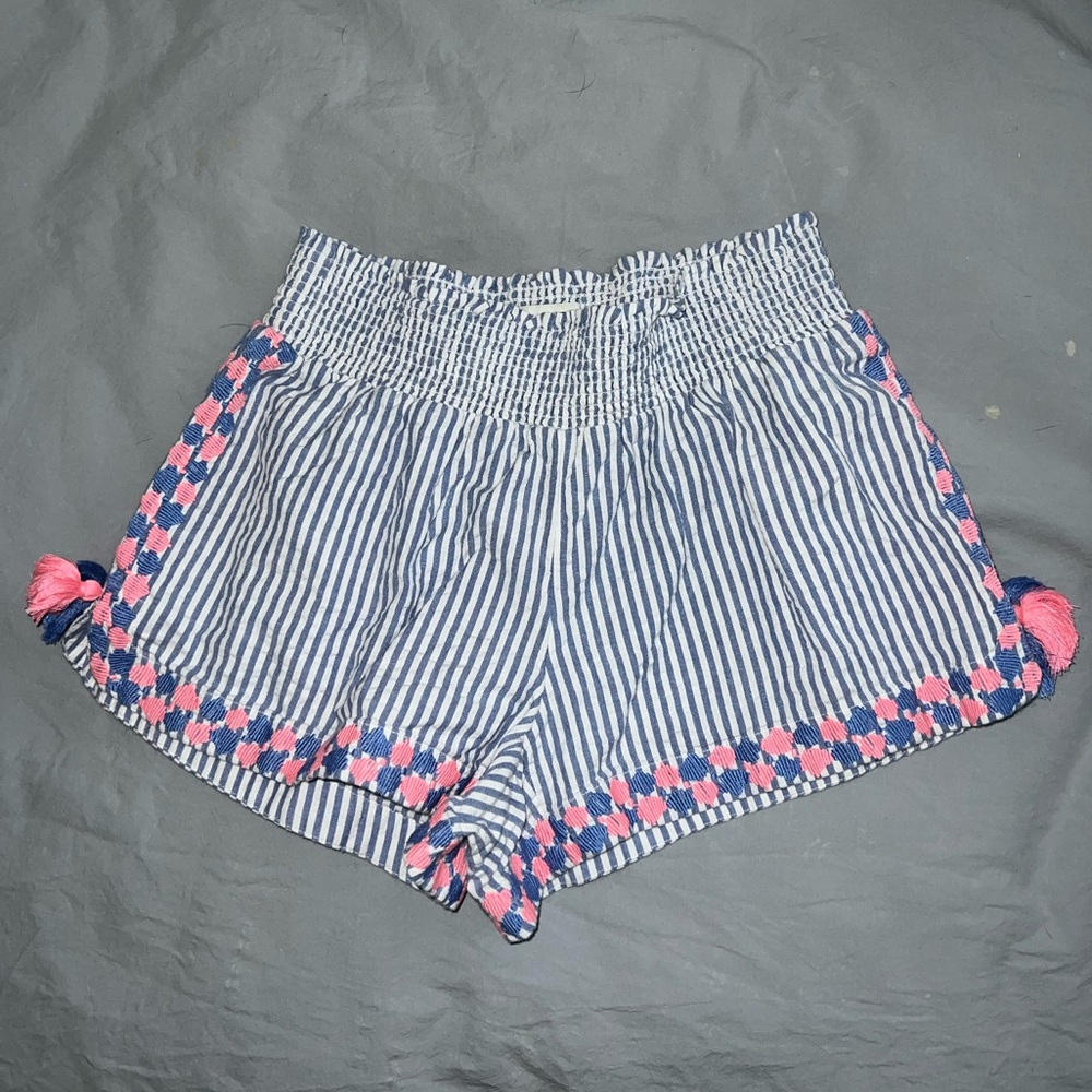 Vineyard Vines Blue White Pink Seersucker Embroidered Tassel Shorts XXS
